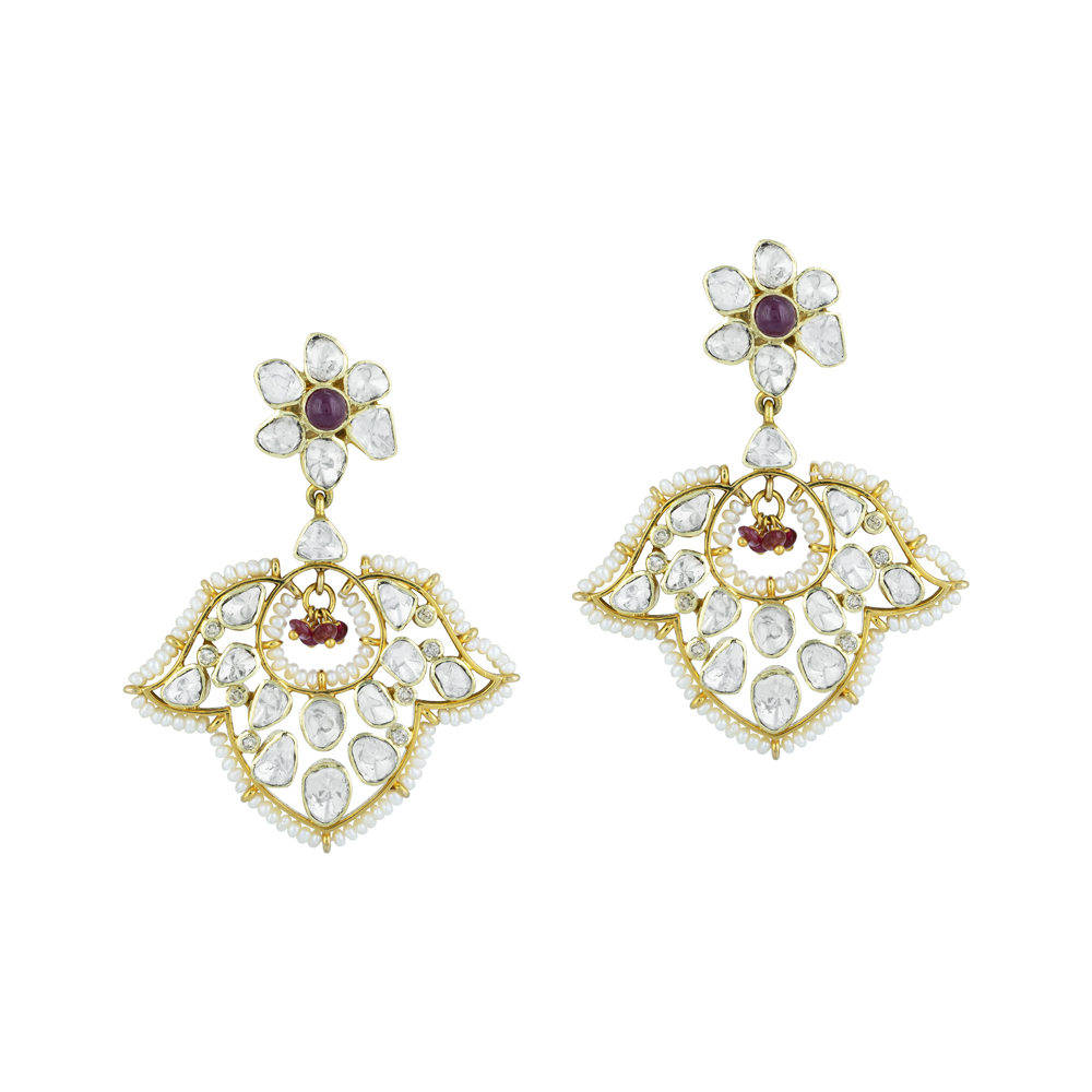 Floral Polki Earrings with Red Accent & Pearl Beads